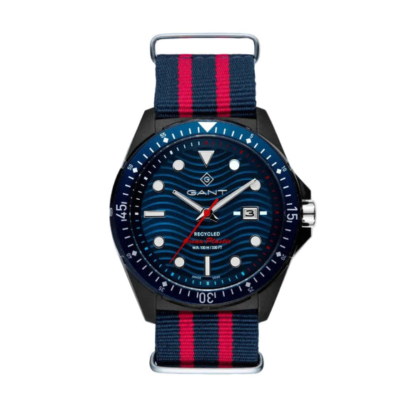 Gant watch with blue and red striped strap on a white background