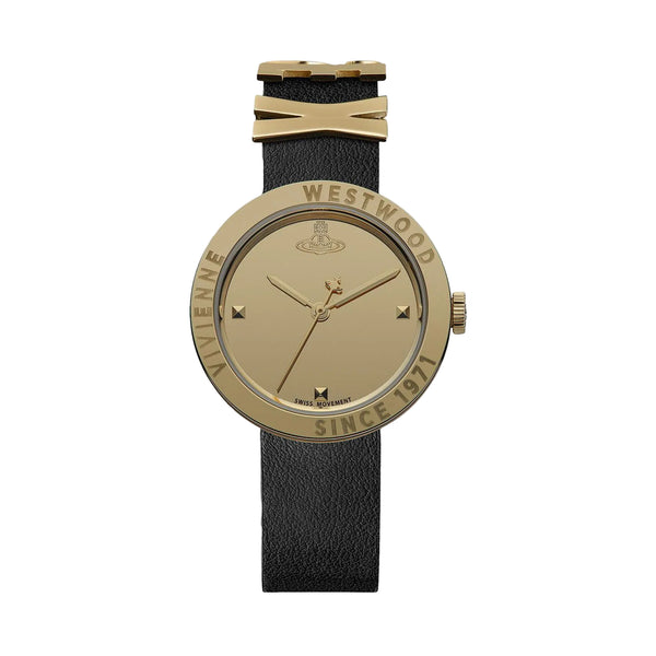 Vivienne Westwood watch with gold dial and black strap on a white background