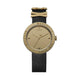 Vivienne Westwood watch with gold dial and black strap on a white background