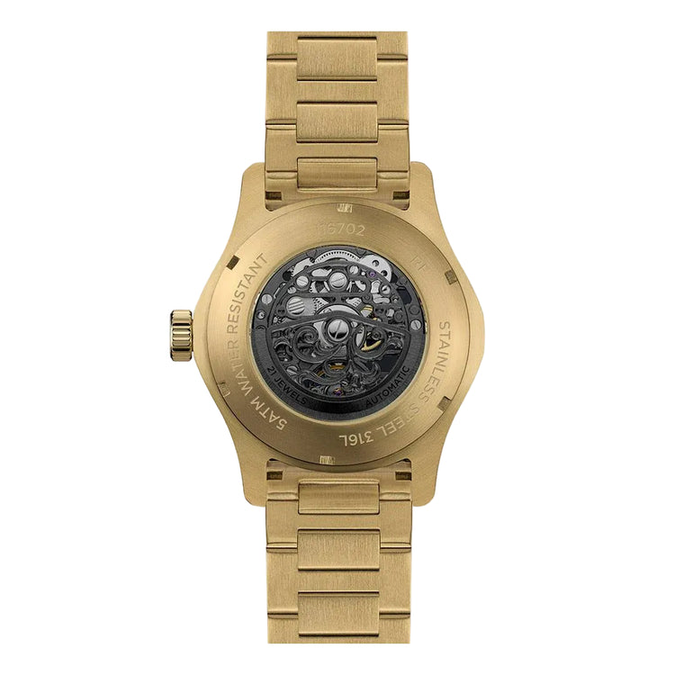 Gold watch with a detailed face on a white background