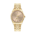 A Vivienne Westwood Seymore watch with a pink dial and gold strap, featuring the iconic orb logo.