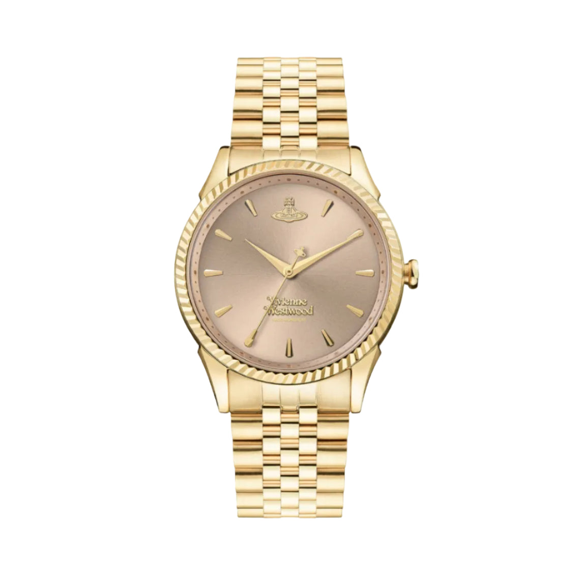 A Vivienne Westwood Seymore watch with a pink dial and gold strap, featuring the iconic orb logo.