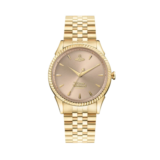 A Vivienne Westwood Seymore watch with a pink dial and gold strap, featuring the iconic orb logo.