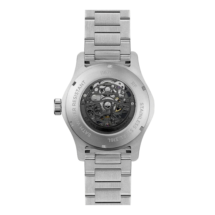 Silver watch with a detailed mechanical face on a white background