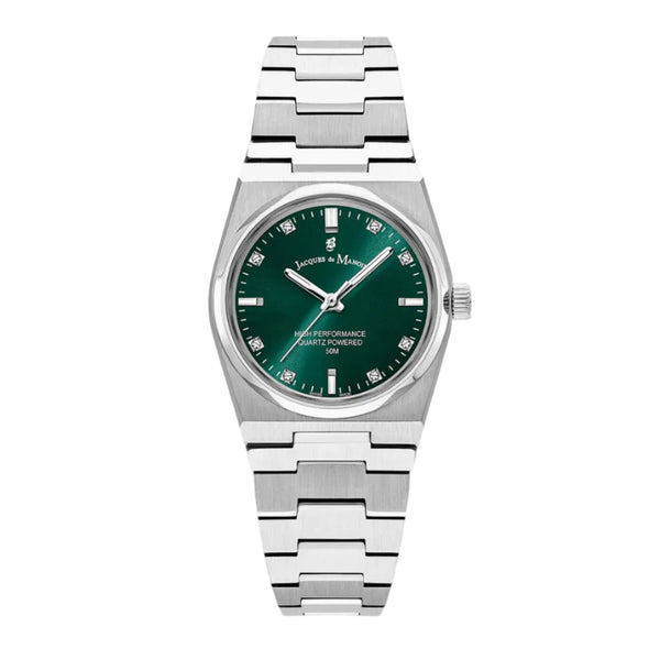 A Jacques du Manoir Horizon Ladies watch with a stainless steel bracelet and a green dial, featuring zirconia stone minute markers.