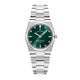 A Jacques du Manoir Horizon Ladies watch with a stainless steel bracelet and a green dial, featuring zirconia stone minute markers.