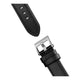 Black leather watch strap with silver buckle on a white background