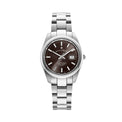 A Jacques Du Manoir Inspiration Allure 32mm watch with a black dial and a silver stainless steel strap, featuring a date display and a silver case.