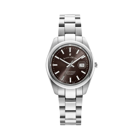 A Jacques Du Manoir Inspiration Allure 32mm watch with a black dial and a silver stainless steel strap, featuring a date display and a silver case.