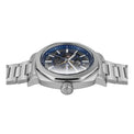 Silver watch with a blue face on a white background