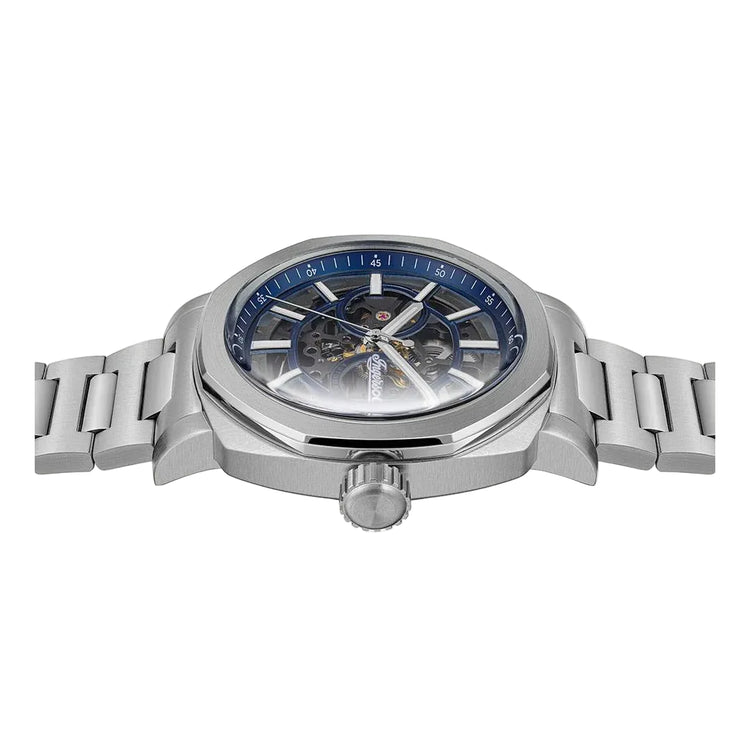 Silver watch with a blue face on a white background