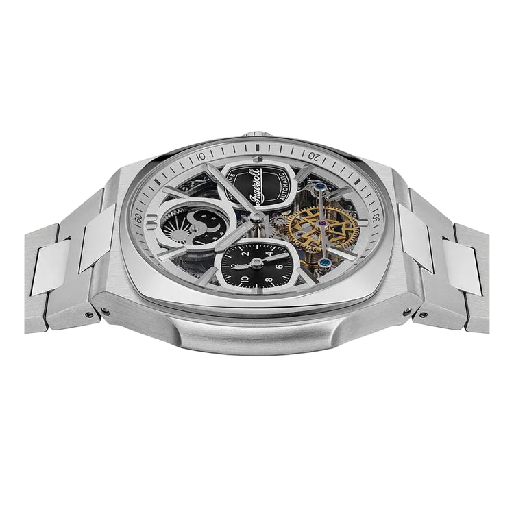 Silver watch with intricate design on a white background