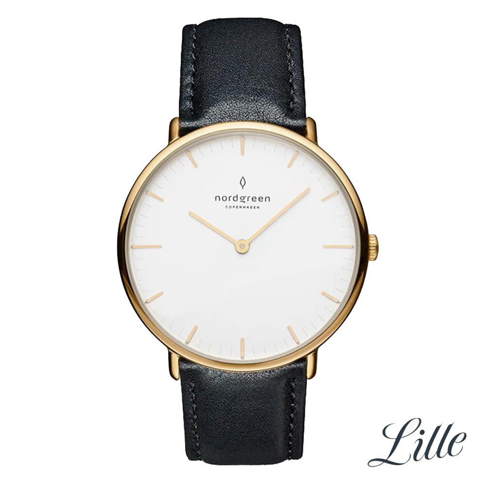 Nordgreen | Native Gold 40mm white dial black leather | NR40GOLEBLXX