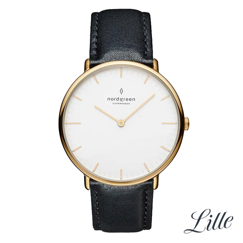 Nordgreen | Native Gold 40mm white dial black leather | NR40GOLEBLXX