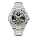 Silver watch with intricate design on a white background