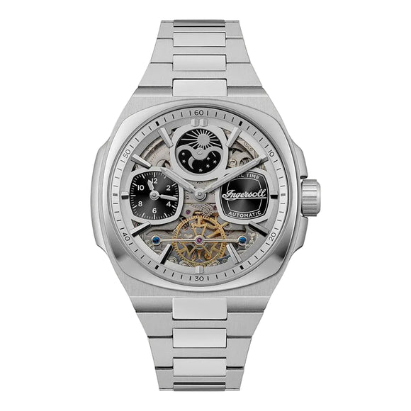 Silver watch with intricate design on a white background