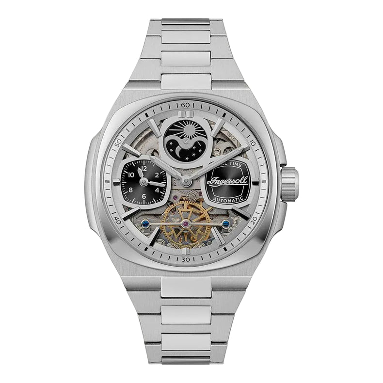 Silver watch with intricate design on a white background