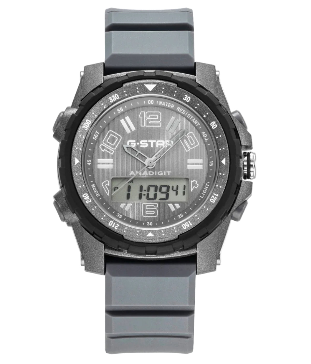 A G-Star analog-digital wrist watch with a gray textured dial, black bezel, and a matching gray silicone strap, shown against a plain white background.