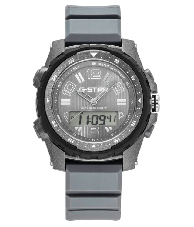 A G-Star analog-digital wrist watch with a gray textured dial, black bezel, and a matching gray silicone strap, shown against a plain white background.