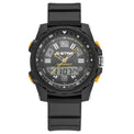 A rugged black G-Star Anadigit analog-digital watch with a black strap, black case, white and yellow text on the dial, and small yellow side accents.