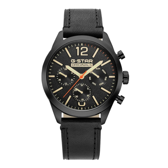 G-Star Originals men's chronograph watch with a black case, black dial, and black leather strap, featuring beige indices and an orange second hand.