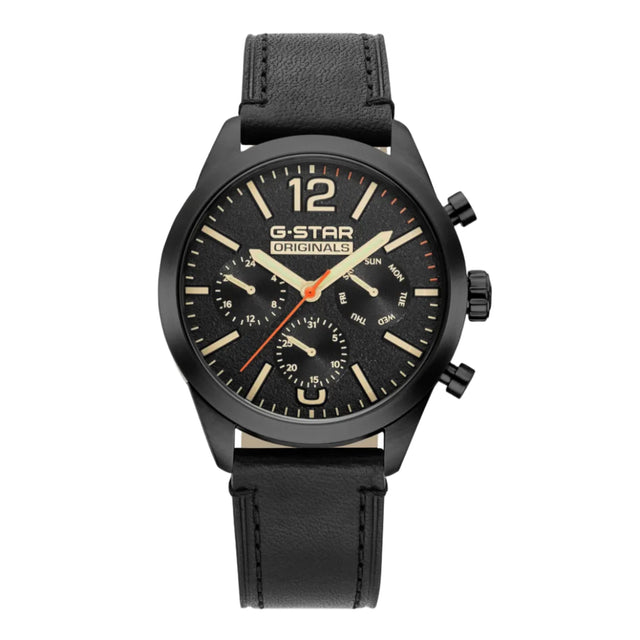 G-Star Originals men's chronograph watch with a black case, black dial, and black leather strap, featuring beige indices and an orange second hand.