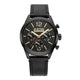 G-Star Originals men's chronograph watch with a black case, black dial, and black leather strap, featuring beige indices and an orange second hand.