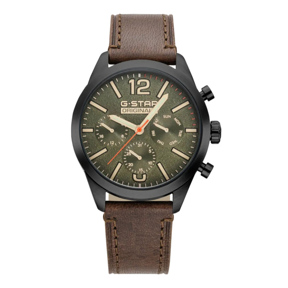 G-Star Original men's watch featuring a black case, olive green dial with beige markers and orange accents, and a brown leather strap.