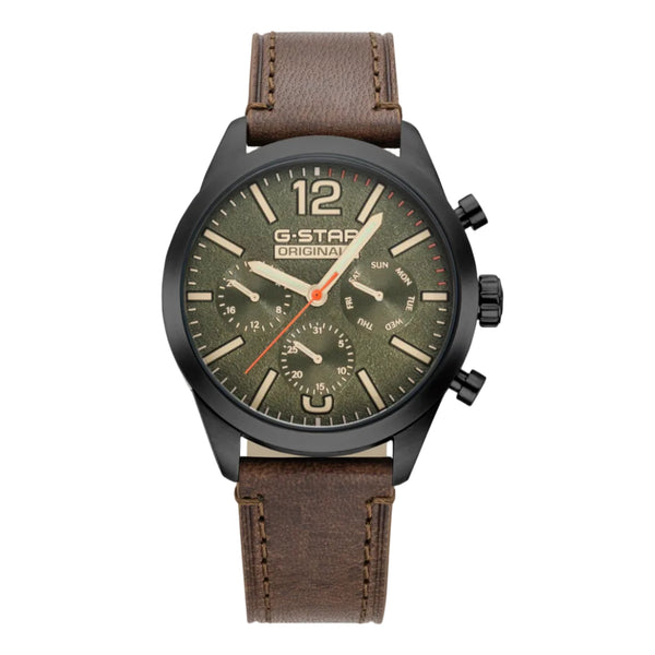 G-Star Original men's watch featuring a black case, olive green dial with beige markers and orange accents, and a brown leather strap.