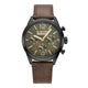 G-Star Original men's watch featuring a black case, olive green dial with beige markers and orange accents, and a brown leather strap.