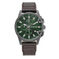 A G-Star men's chronograph watch featuring a dark green dial, silver-tone case, and a brown leather strap, shown against a plain light gray background.