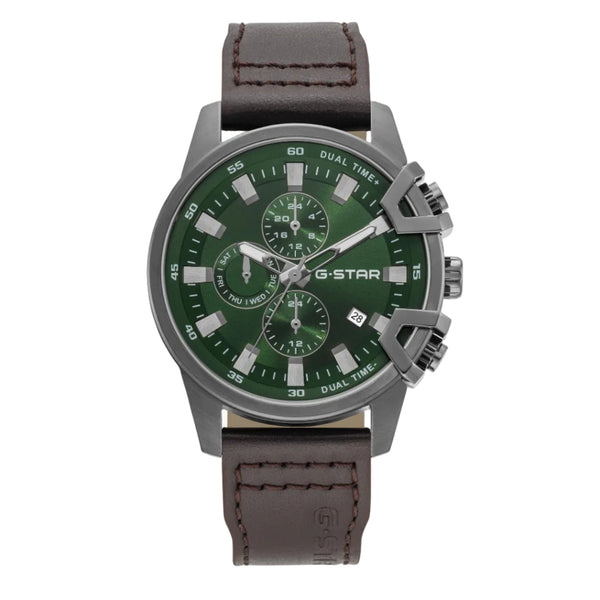 A G-Star men's chronograph watch featuring a dark green dial, silver-tone case, and a brown leather strap, shown against a plain light gray background.