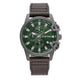 A G-Star men's chronograph watch featuring a dark green dial, silver-tone case, and a brown leather strap, shown against a plain light gray background.