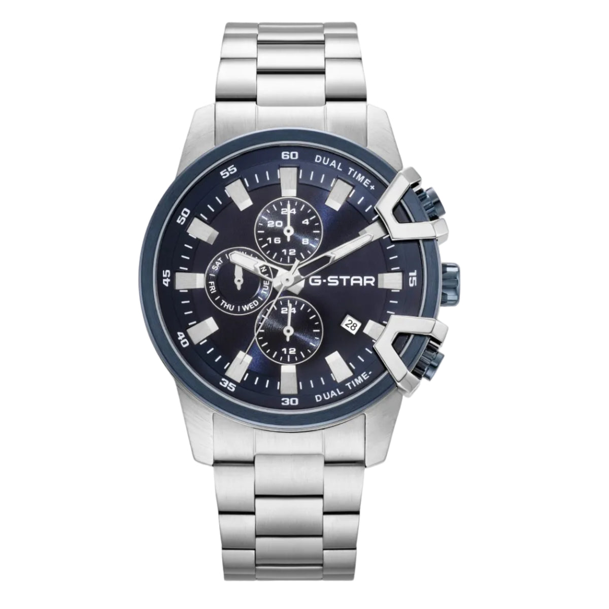 G-STAR | Bend3D Multifunction silver 44mm blue dial link band | GSW.505.04
