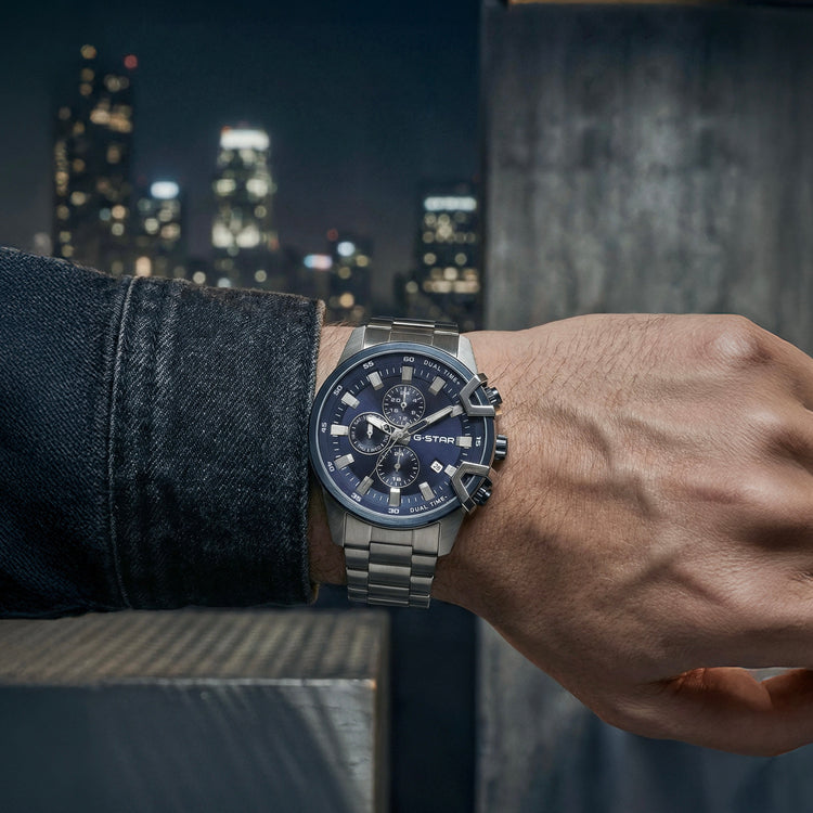 G-STAR | Bend3D Multifunction silver 44mm blue dial link band | GSW.505.04