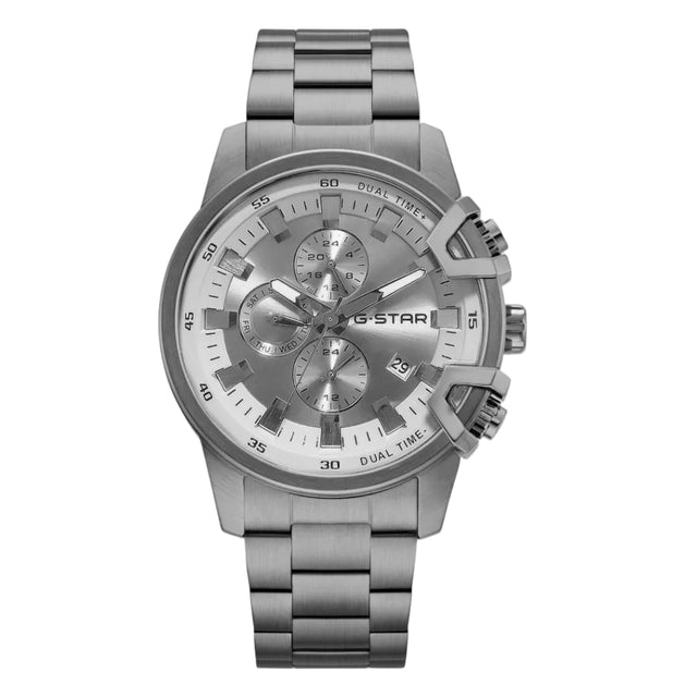 A G-Star men's chronograph watch with a brushed silver-tone stainless steel case and integrated link bracelet, featuring a silver dial with three subdials and a date window.
