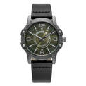 A rugged men's analog watch with a dark olive green dial, silver-tone case, and a black leather strap, shown against a plain white background.