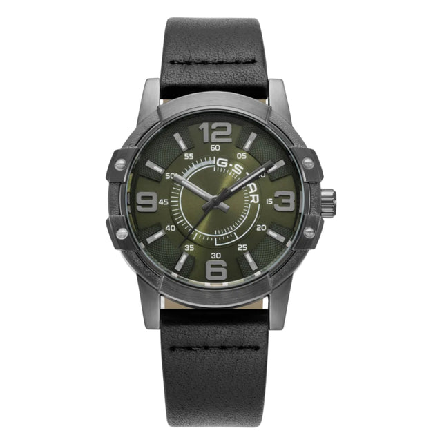 A rugged men's analog watch with a dark olive green dial, silver-tone case, and a black leather strap, shown against a plain white background.