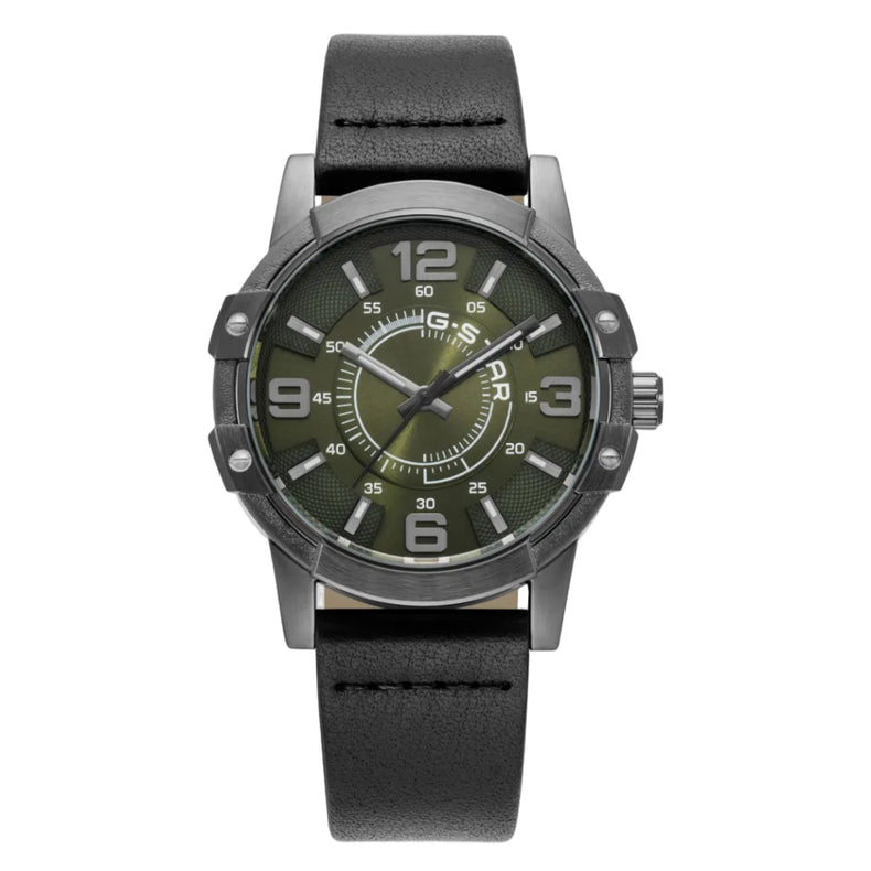 A rugged men's analog watch with a dark olive green dial, silver-tone case, and a black leather strap, shown against a plain white background.