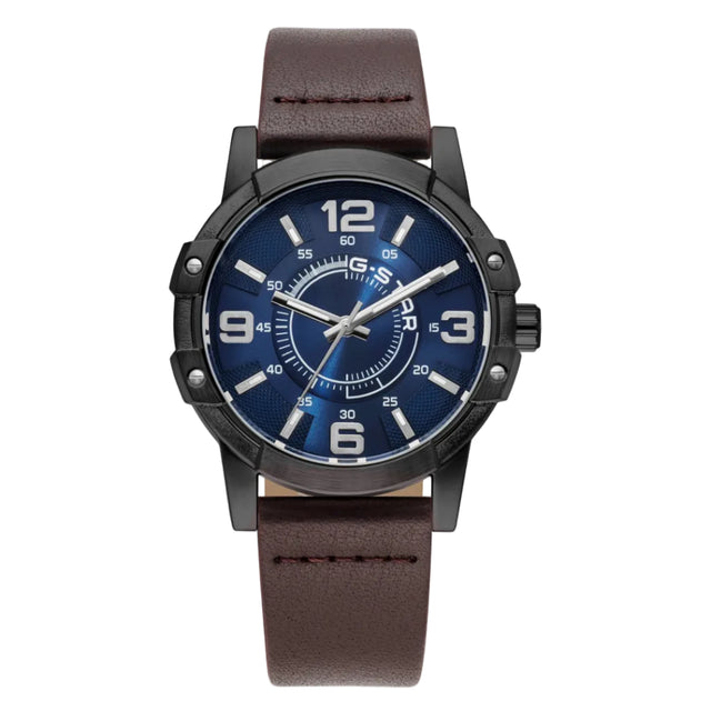 A men's analog watch with a dark blue textured dial, a black case accented with silver screws, and a brown leather strap, shown against a plain white background.