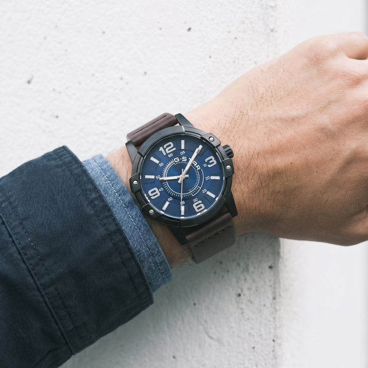 G-STAR | Constructed Bold blue and black 43mm dial brown leather | GSW.506.05