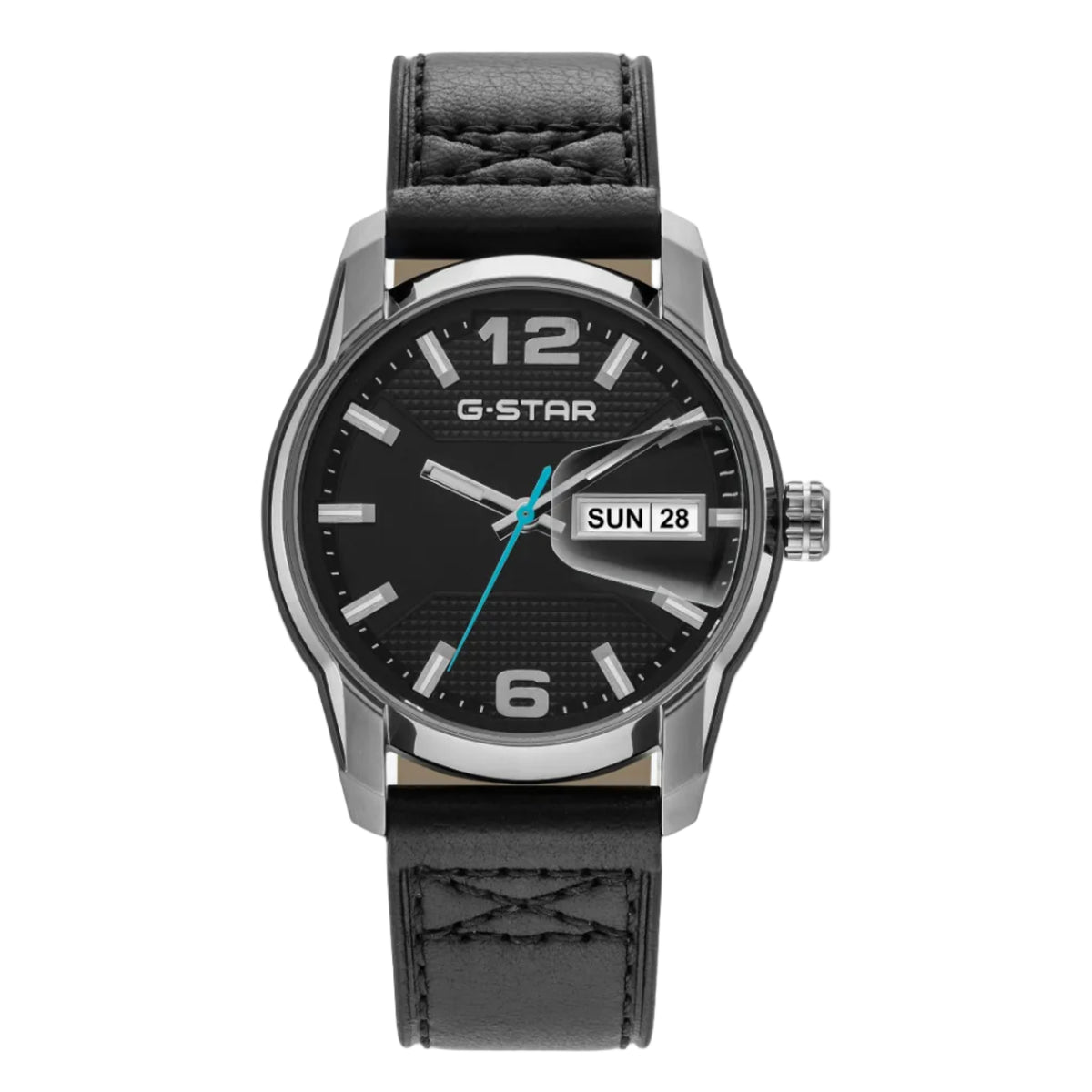A G-Star analog watch with a black textured dial, silver-tone stainless steel case, and a black leather strap with a stitched pattern, shown against a light gray background.