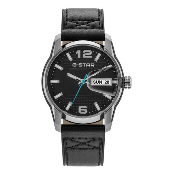 A G-Star analog watch with a black textured dial, silver-tone stainless steel case, and a black leather strap with a stitched pattern, shown against a light gray background.