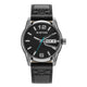 A G-Star analog watch with a black textured dial, silver-tone stainless steel case, and a black leather strap with a stitched pattern, shown against a light gray background.