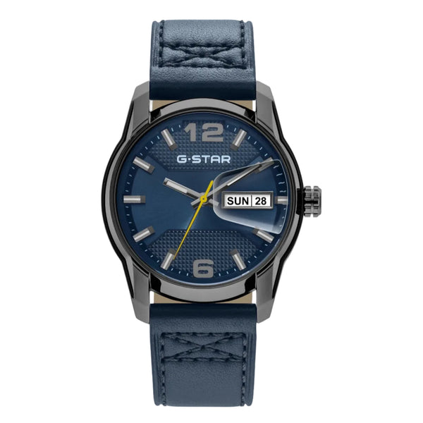 A G-Star men's analog watch featuring a textured dark blue dial, a dark blue leather strap, and a gunmetal gray case with a day/date window display.