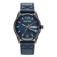 A G-Star men's analog watch featuring a textured dark blue dial, a dark blue leather strap, and a gunmetal gray case with a day/date window display.