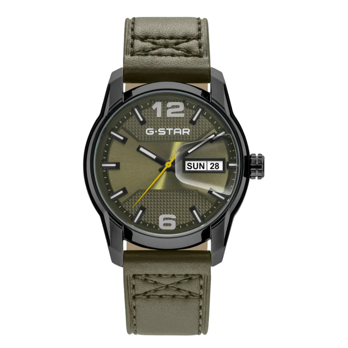 G-STAR men's analog watch with an olive green dial and matching olive green leather strap, featuring a black case and a day/date window at 3 o'clock.
