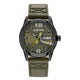 G-STAR men's analog watch with an olive green dial and matching olive green leather strap, featuring a black case and a day/date window at 3 o'clock.