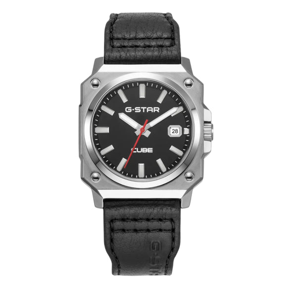 A G-STAR CUBE watch with a silver-tone octagonal case, black dial, and black leather strap, shown against a plain white background.