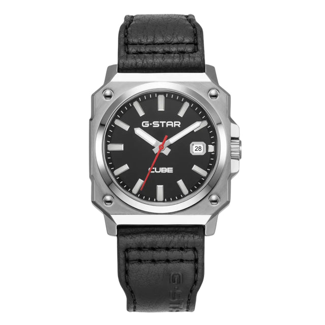 A G-STAR CUBE watch with a silver-tone octagonal case, black dial, and black leather strap, shown against a plain white background.
